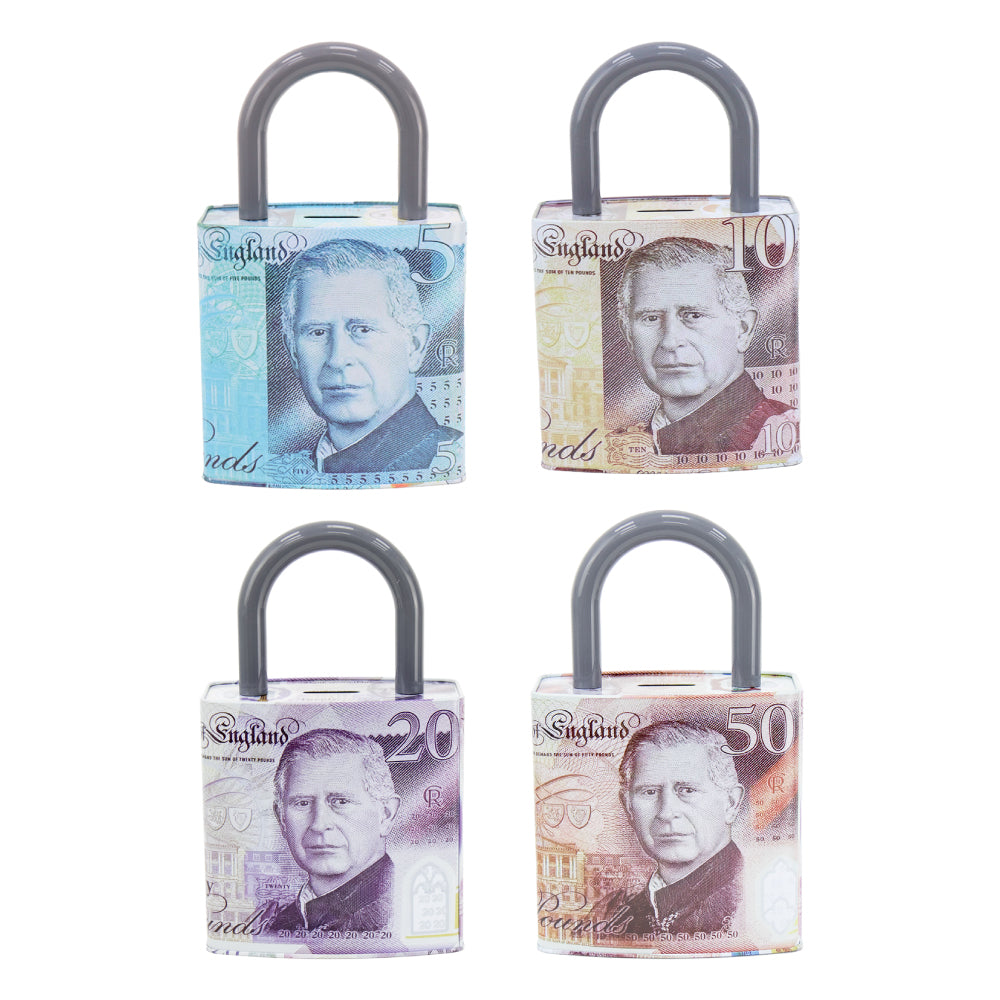 King Charles Pound Note Reusable Coin Money Tin Box Padlock Shape with Handle 16.5 x 9.5 x 26.5cm Assorted Designs MTH 11890 (Parcel Rate)