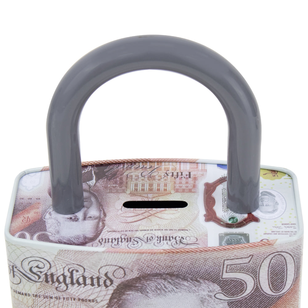 King Charles Pound Note Reusable Coin Money Tin Box Padlock Shape with Handle 16.5 x 9.5 x 26.5cm Assorted Designs MTH 11890 (Parcel Rate)