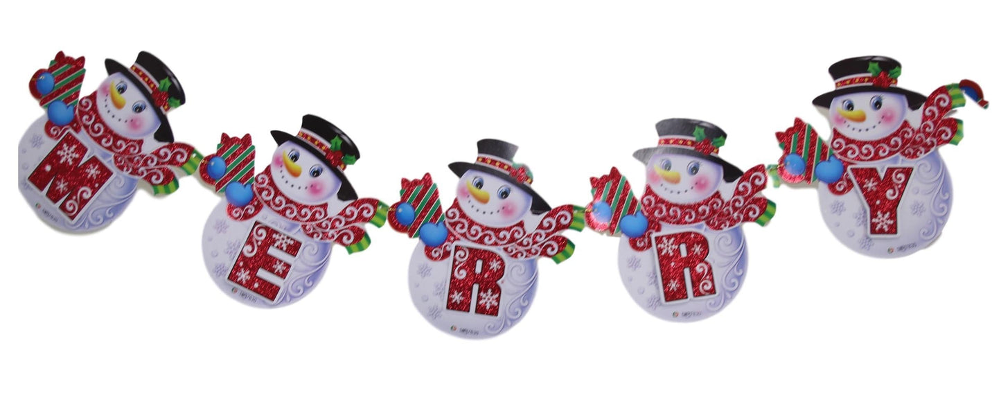 Merry Christmas Festive Paper Snowman / Santa Bunting Banner with Glitter 2M Assorted Designs 4627 (Parcel Rate)p