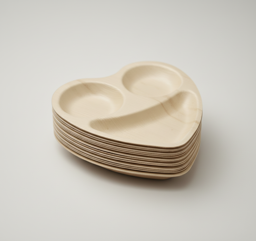 Biodegradable Disposable Areca Palm Leaf Smiley Heart 3 Compartment Plates 10" Pack of 5 EC1253 (Parcel Rate)