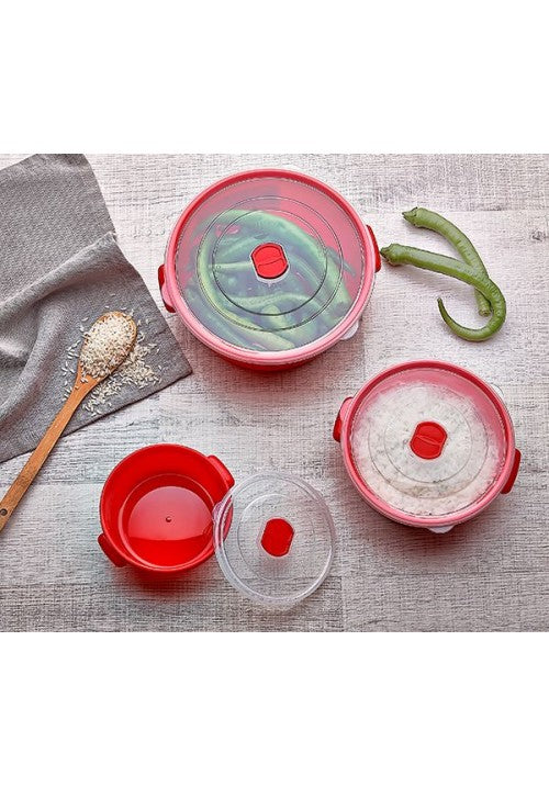 Plastic Microfresh Microwaveable RED Food Pot Containers With Lid 0.5 / 1 / 2 Litre 021516 (Parcel Rate)