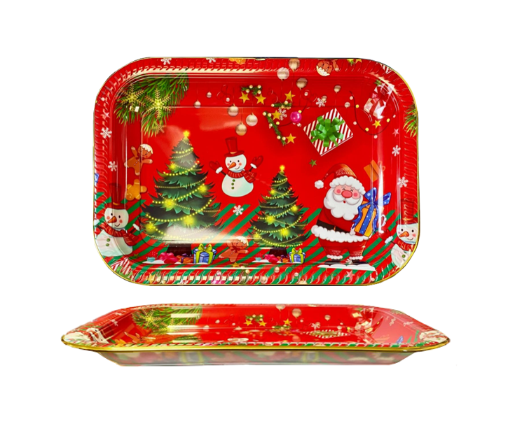 Plastic Festive Christmas Serving Tray with Printed Design and Gold Rim 41.5 x 30 x 4cm Assorted Designs 8028 (Parcel Rate)