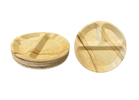 Biodegradable Disposable Round Areca Palm Leaf 3 Compartment Plates 10" Pack of 10 EC0430 (Parcel Rate)