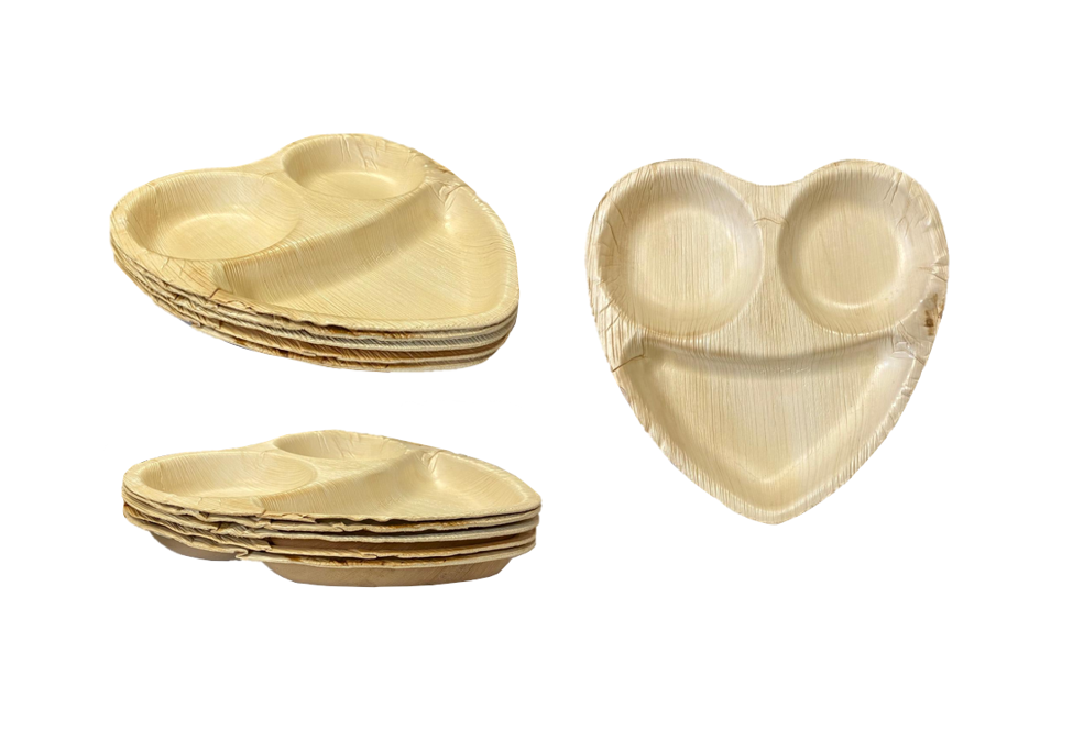 Biodegradable Disposable Areca Palm Leaf Smiley Heart 3 Compartment Plates 10" Pack of 5 EC1253 (Parcel Rate)