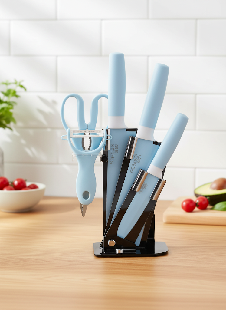 Kitchen Knife Set of 6 with Peeler Assorted Colours 6703 (Parcel Rate)